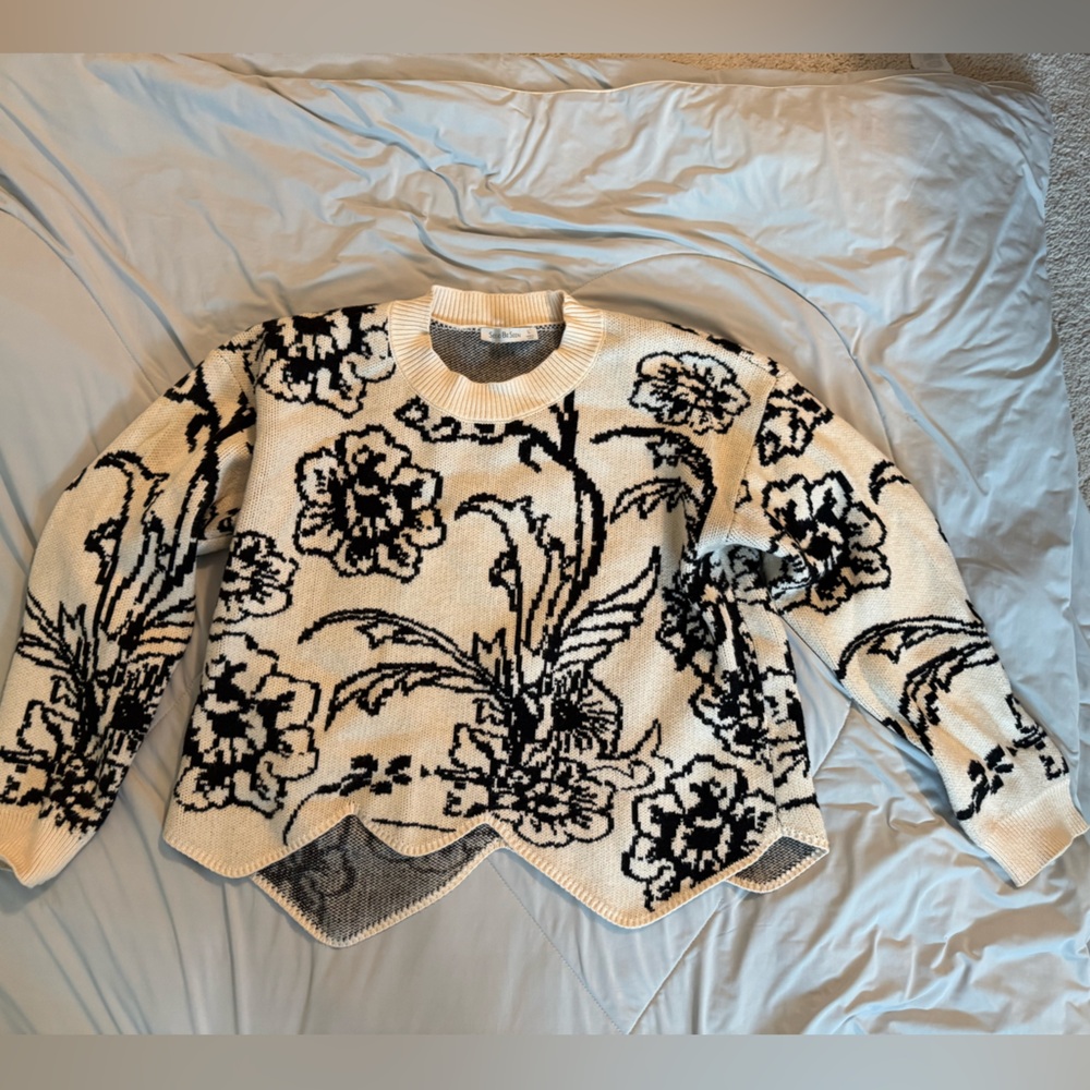 See And Be Seen Black and Cream Cowl Neck Sweater with Ornate Floral Design